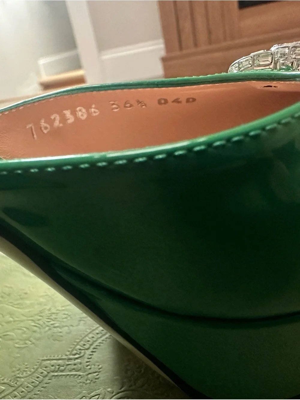 Gucci Glossy Emerald Green Patent Platform Pumps with Crystal GG Buckle